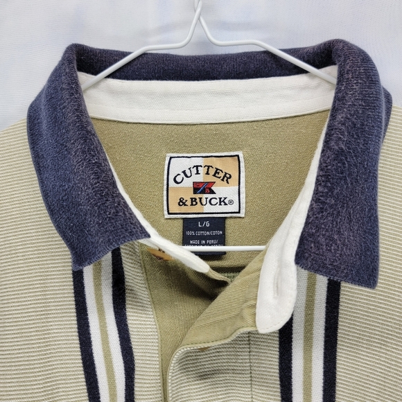 Cutter & Buck Mens Large Golf Polo Shirt Beige Blue Striped - Picture 3 of 6
